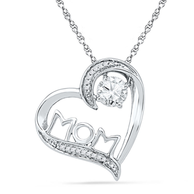 5.0mm White Lab-Created Sapphire and 0.05 CT. T.W. Diamond "MOM" Tilted Heart Pendant in Sterling Silver