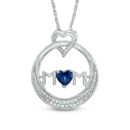 4.0mm Heart-Shaped Blue Lab-Created Sapphire and 0.06 CT. T.W. Diamond "MOM" Circle Pendant in Sterling Silver