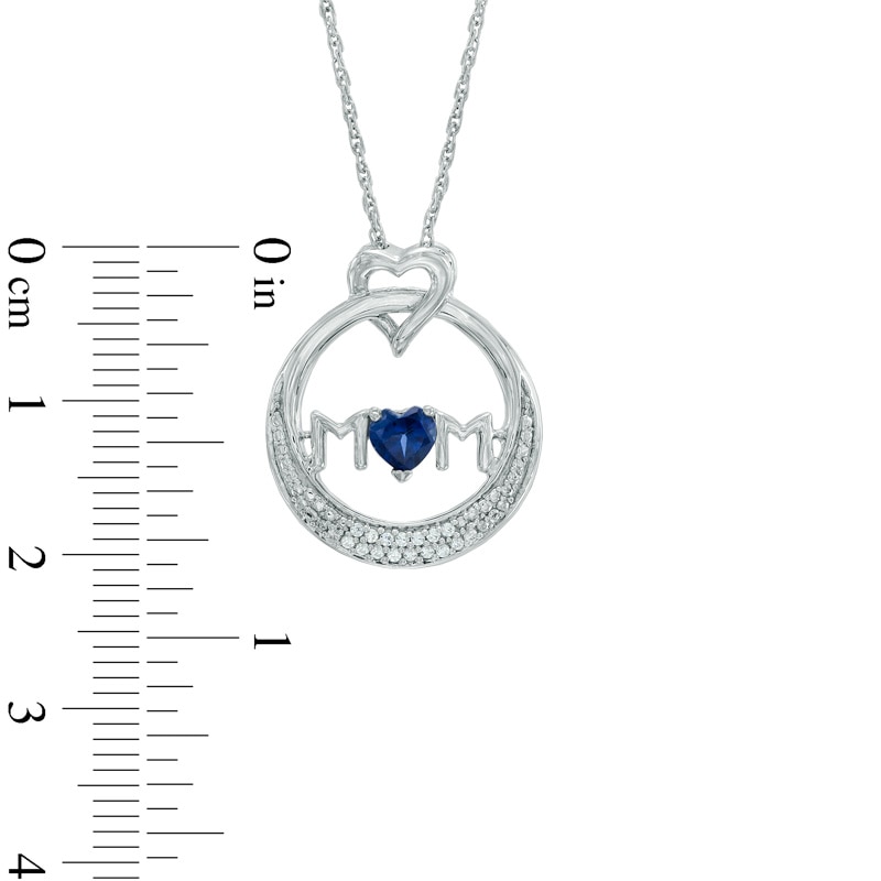 4.0mm Heart-Shaped Blue Lab-Created Sapphire and 0.06 CT. T.W. Diamond "MOM" Circle Pendant in Sterling Silver|Peoples Jewellers