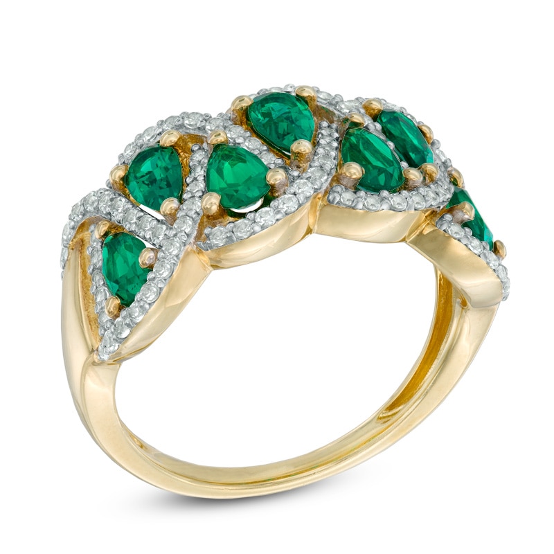 Pear-Shaped Lab-Created Emerald and White Sapphire Braid Ring in Sterling Silver with 14K Gold Plate
