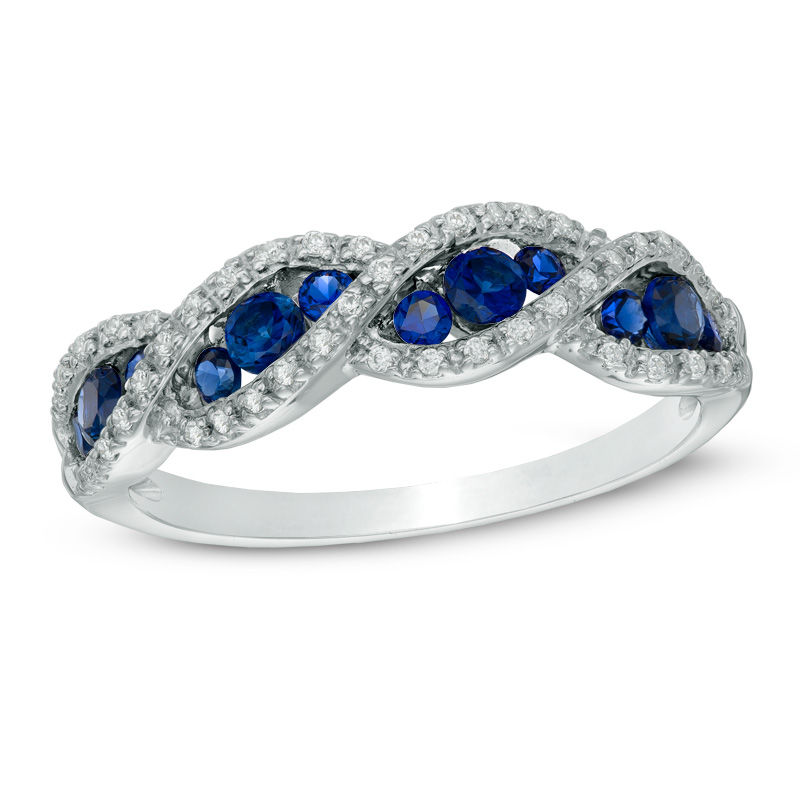 Main Image 1 of Lab-Created Blue and White Sapphire Cascading Trios Ring in Sterling Silver