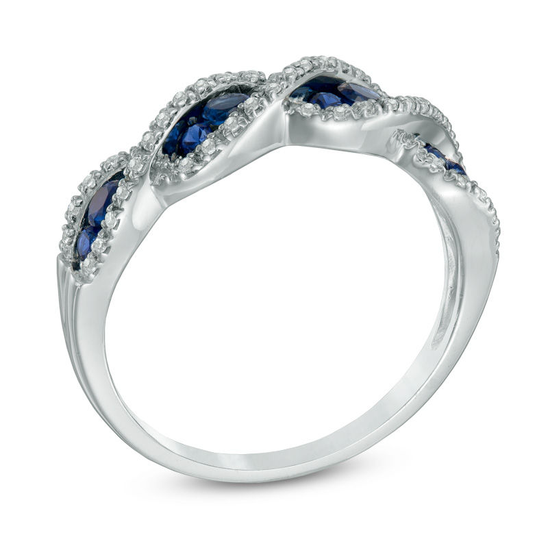 Lab-Created Blue and White Sapphire Cascading Trios Ring Sterling Silver