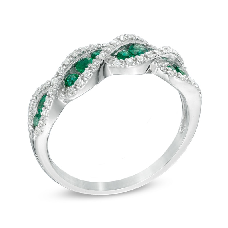 Lab-Created Emerald and White Sapphire Cascading Trios Ring in Sterling Silver
