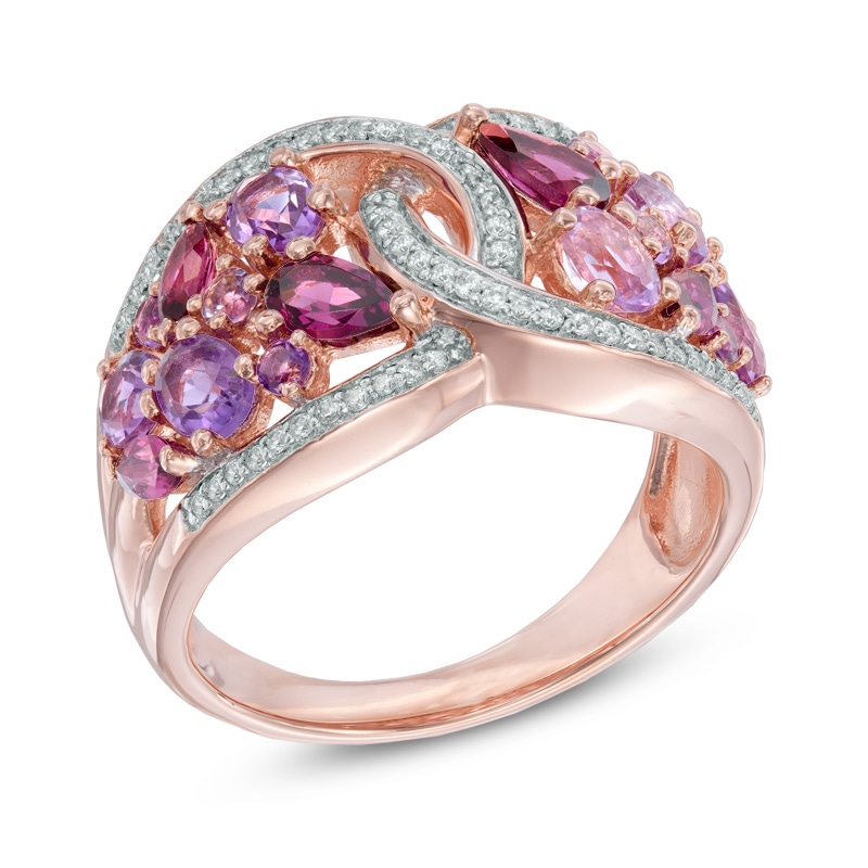 Rose de France Amethyst, Rhodolite Garnet and Lab-Created White Sapphire Ring in Sterling Silver with 14K Rose Gold Plate