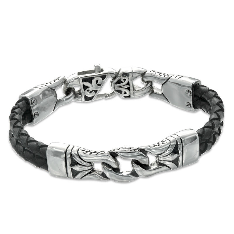 13.0mm Black Leather and Stainless Steel Spartan Link Bracelet - 8.5"
