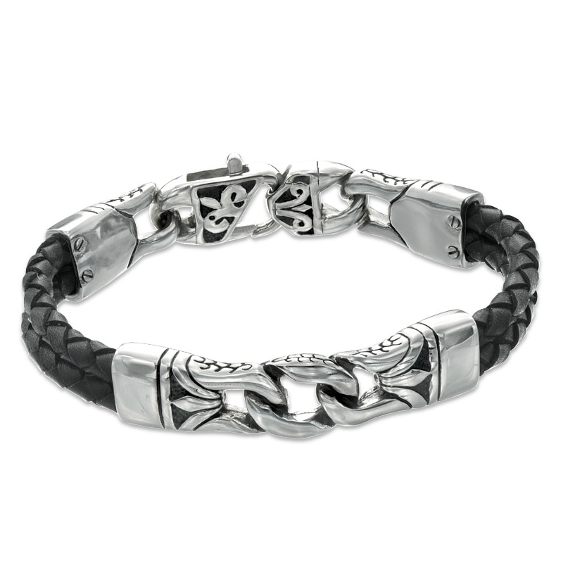 Main Image 1 of 13.0mm Black Leather and Stainless Steel Spartan Link Bracelet - 8.5"