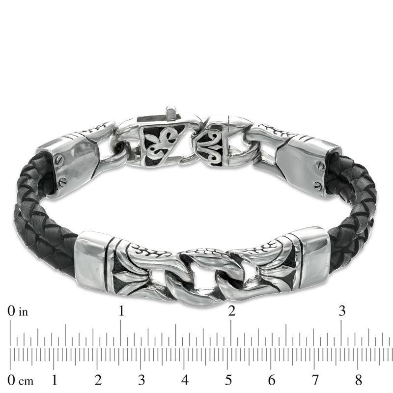 13.0mm Men s Black Leather and Stainless Steel Spartan Link Bracelet 8.5
