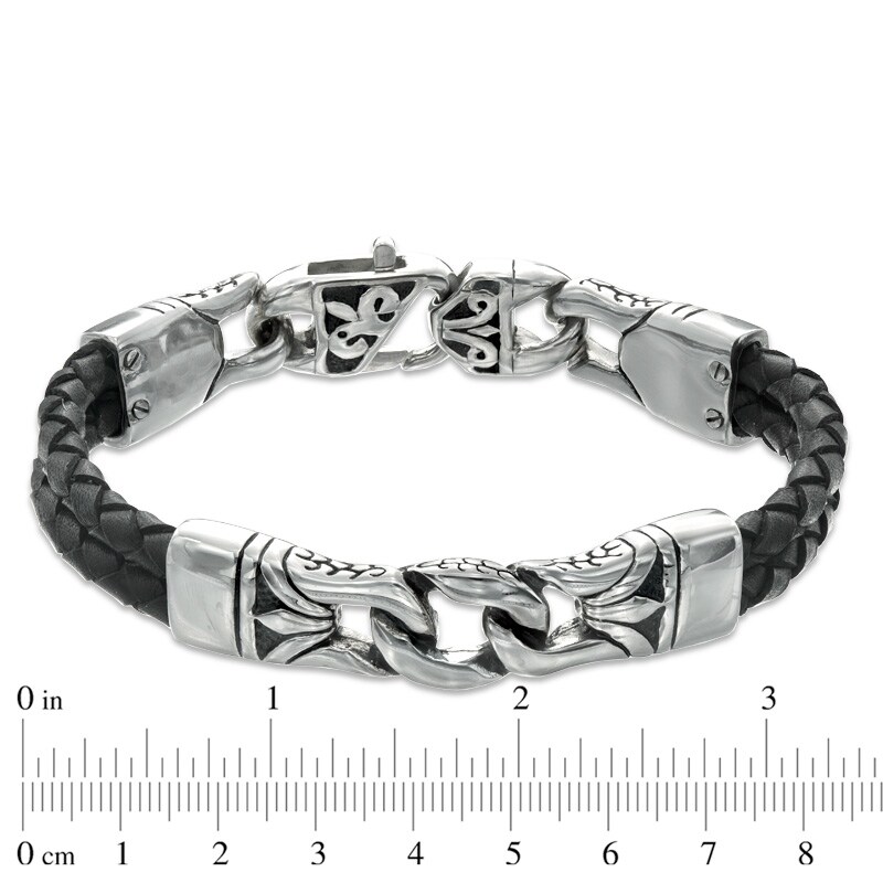 Main Image 3 of 13.0mm Black Leather and Stainless Steel Spartan Link Bracelet - 8.5"