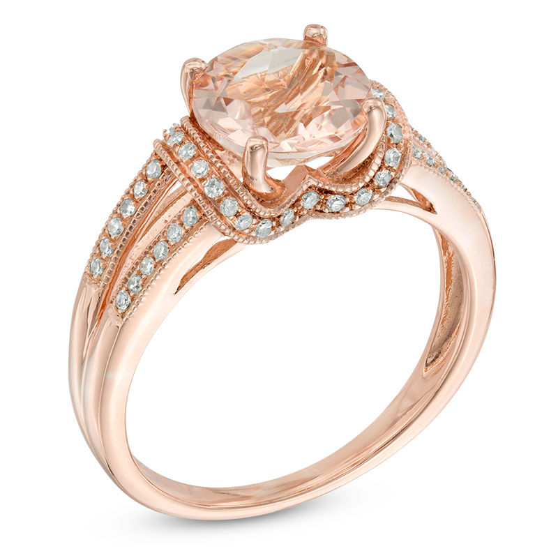 Main Image 2 of Your Stone Your Story™ 8.0mm Morganite and 0.14 CT. T.W. Diamond Collar Vintage-Style Ring in 14K Rose Gold