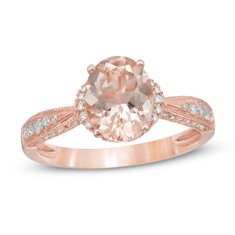 Main Image 1 of Your Stone Your Story™ Oval Morganite and 0.39 CT. T.W. Diamond Vintage-Style Bridal Set in 14K Rose Gold