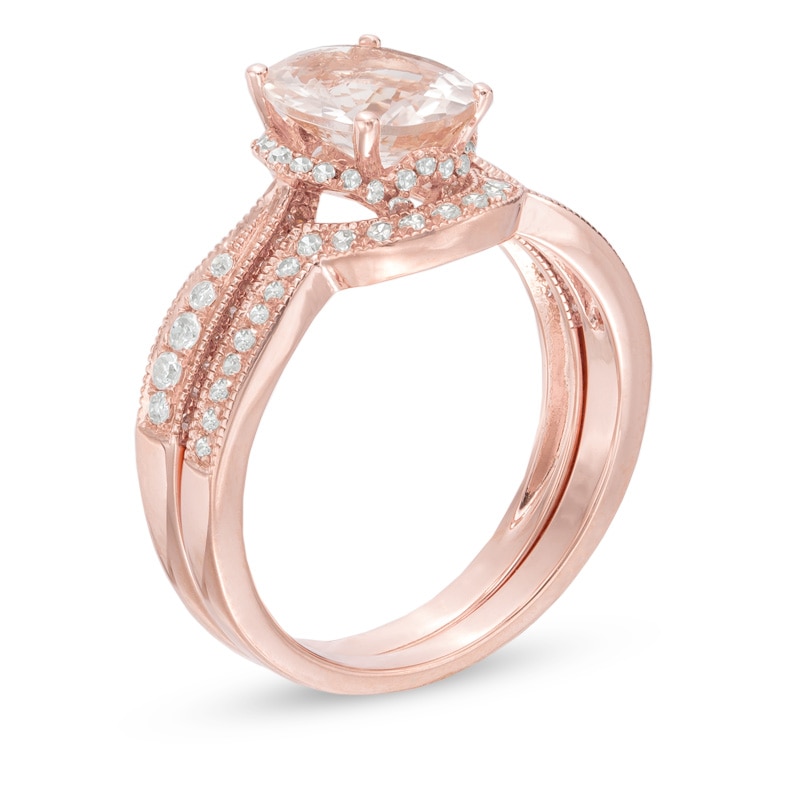 Main Image 2 of Your Stone Your Story™ Oval Morganite and 0.39 CT. T.W. Diamond Vintage-Style Bridal Set in 14K Rose Gold