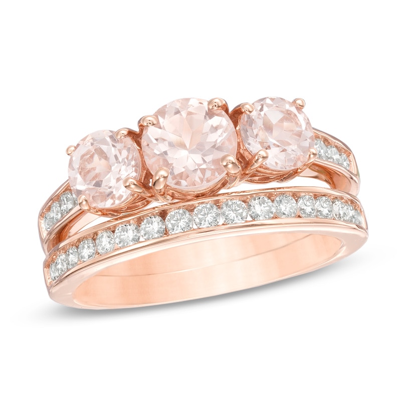 Morganite and 0.46 CT. T.W. Diamond Three Stone Bridal Set in 14K Rose Gold|Peoples Jewellers