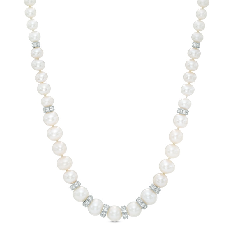3.0 - 8.0mm Cultured Freshwater Pearl and Lab-Created White Sapphire Graduating Strand Necklace in Sterling Silver
