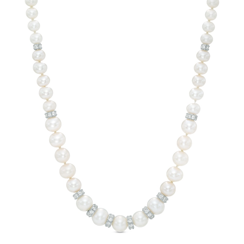 3.0-8.0mm Freshwater Cultured Pearl and Lab-Created White Sapphire Graduating Strand Necklace in Sterling Silver