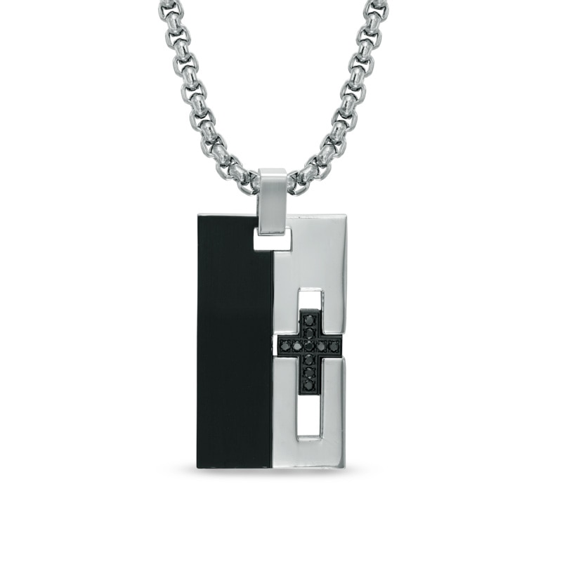 Men's 0.13 CT. T.W. Black Diamond Cross Pendant in Two-Tone Stainless Steel - 24"|Peoples Jewellers