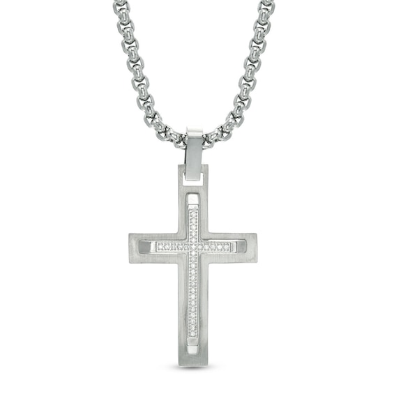 Men's 0.13 CT. T.W. Diamond Cross Pendant in Stainless Steel - 24"