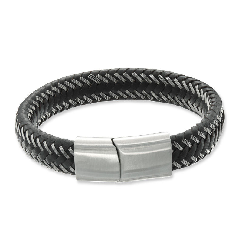 Men's 12.0mm Black Braided Leather and Stainless Steel Bracelet - 8.5"|Peoples Jewellers