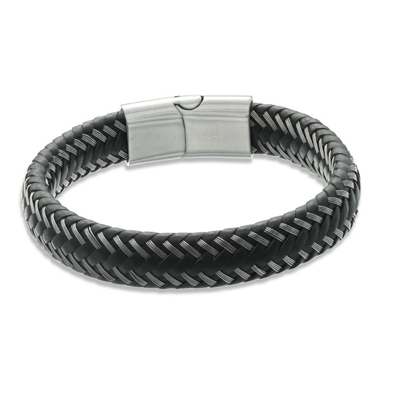12.0mm Black Braided Leather and Stainless Steel Bracelet - 8.5"