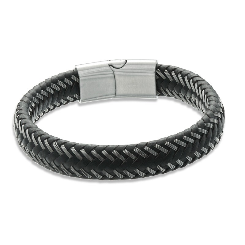 Main Image 2 of Men's 12.0mm Black Braided Leather and Stainless Steel Bracelet - 8.5"