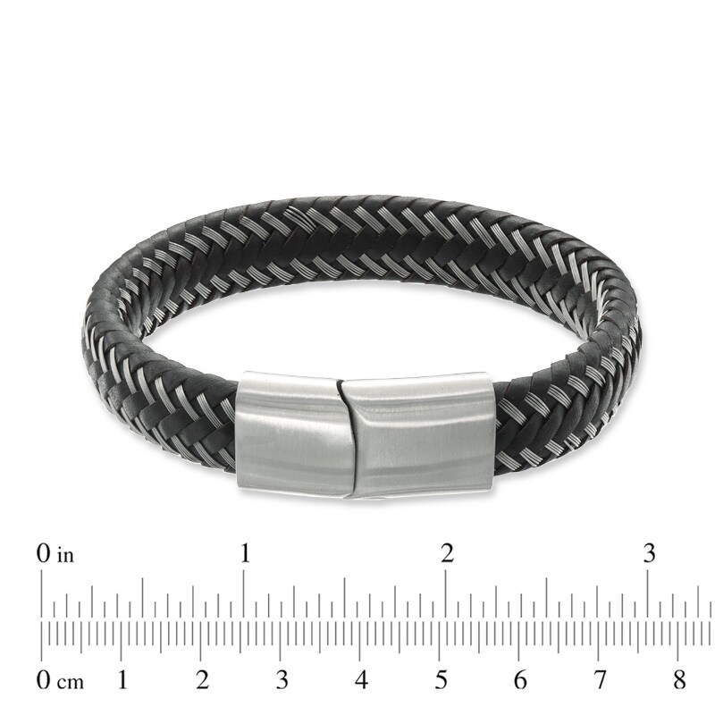 Main Image 3 of Men's 12.0mm Black Braided Leather and Stainless Steel Bracelet - 8.5"