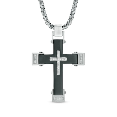 Men's 0.22 CT. T.W. Diamond Cross Pendant in Two-Tone Stainless Steel - 24"
