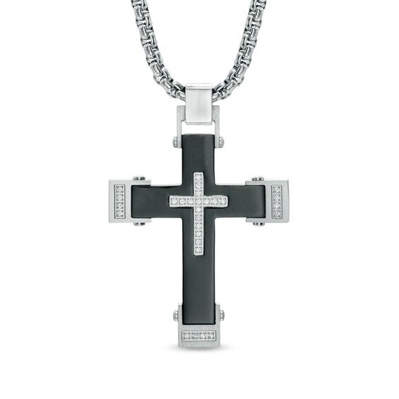 Men's 0.22 CT. T.W. Diamond Cross Pendant in Two-Tone Stainless Steel - 24"