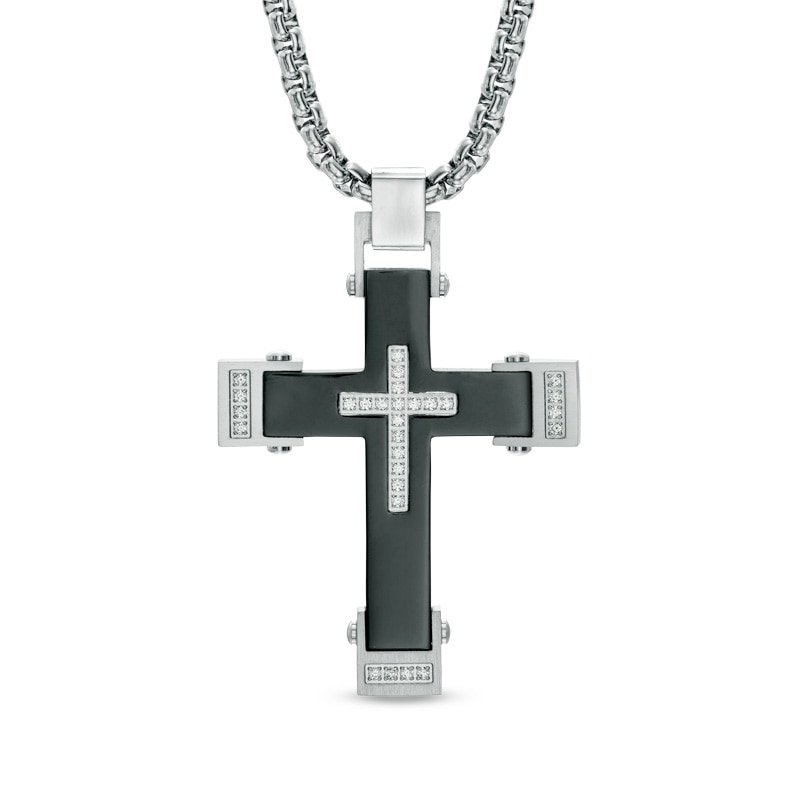 Men's 0.22 CT. T.W. Diamond Cross Pendant in Two-Tone Stainless Steel - 24"