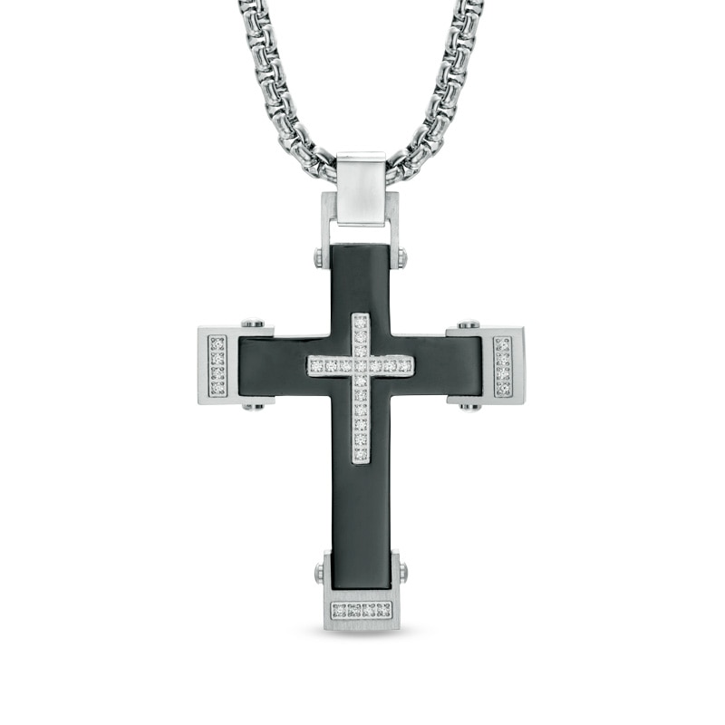 Men's 0.22 CT. T.W. Diamond Cross Pendant in Two-Tone Stainless Steel - 24"|Peoples Jewellers