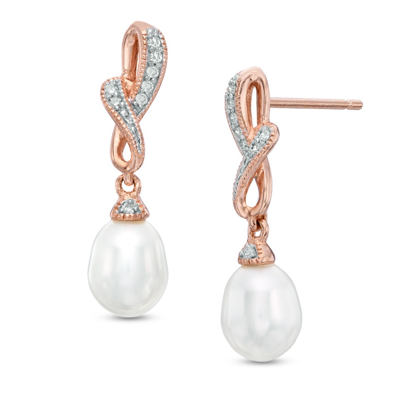 6.5 - 7.0mm Cultured Freshwater Pearl and Diamond Accent Twist Drop Earrings in Sterling Silver with 14K Rose Gold Plate|Peoples Jewellers