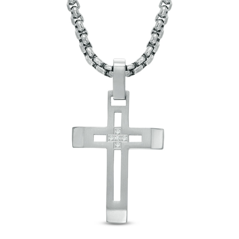 Men's Diamond Accent Cross Pendant in Stainless Steel - 24"|Peoples Jewellers