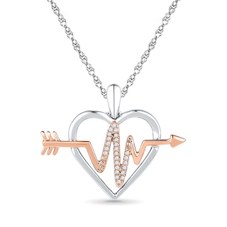 Diamond Accent Heartbeat in Heart Pendant in Sterling Silver and 10K Rose Gold