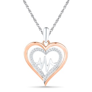 0.13 CT. T.W. Diamond Double Heart with Heartbeat Pendant in Sterling Silver and 10K Rose Gold