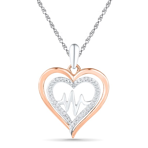 0.13 CT. T.W. Diamond Double Heart with Heartbeat Pendant in Sterling Silver and 10K Rose Gold