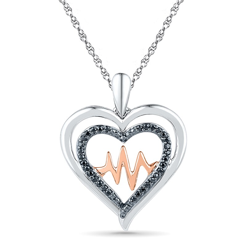 0.13 CT. T.W. Black Diamond Double Heart with Heartbeat Pendant in Sterling Silver and 10K Rose Gold