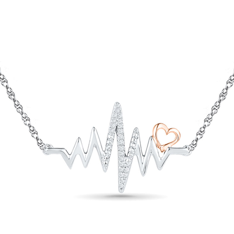 0.07 CT. T.W. Diamond Heartbeat with Heart Necklace in Sterling Silver and 10K Rose Gold - 17"