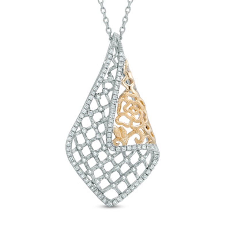 Vera Wang Love Collection 0.26 CT. T.W. Diamond Rose Lace Pendant in Sterling Silver and 14K Gold