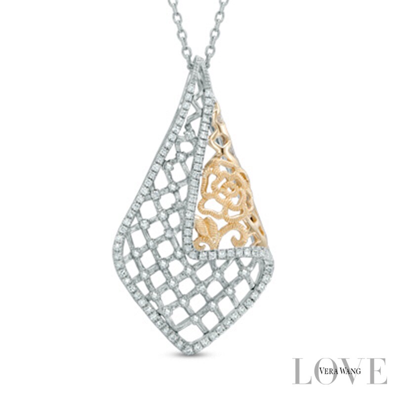 Main Image 1 of Vera Wang Love Collection 0.26 CT. T.W. Diamond Rose Lace Pendant in Sterling Silver and 14K Gold