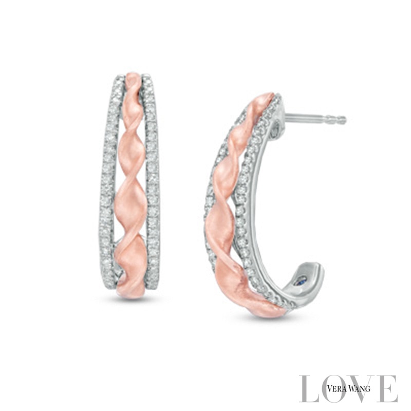 Vera Wang Love Collection 0.23 CT. T.W. Diamond J-Hoop Earrings in Sterling Silver and 14K Rose Gold|Peoples Jewellers