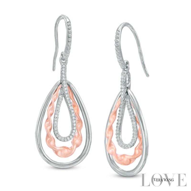Main Image 1 of Vera Wang Love Collection 0.18 CT. T.W. Diamond Ribbon Teardrop Earrings in Sterling Silver and 14K Rose Gold