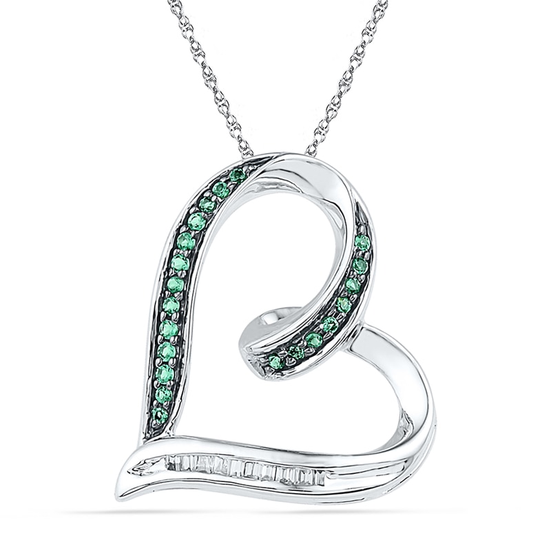 0.16 CT. T.W. Enhanced Green and White Diamond Tilted Ribbon Heart Pendant in Sterling Silver