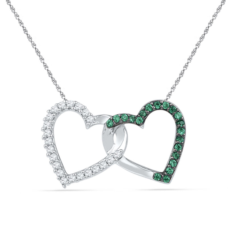 0.16 CT. T.W. Enhanced Green and White Diamond Interlocking Hearts Necklace in Sterling Silver - 17"
