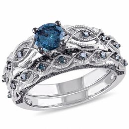 0.99 CT. T.W. Enhanced Blue Diamond Vintage-Style Bridal Set in 10K White Gold