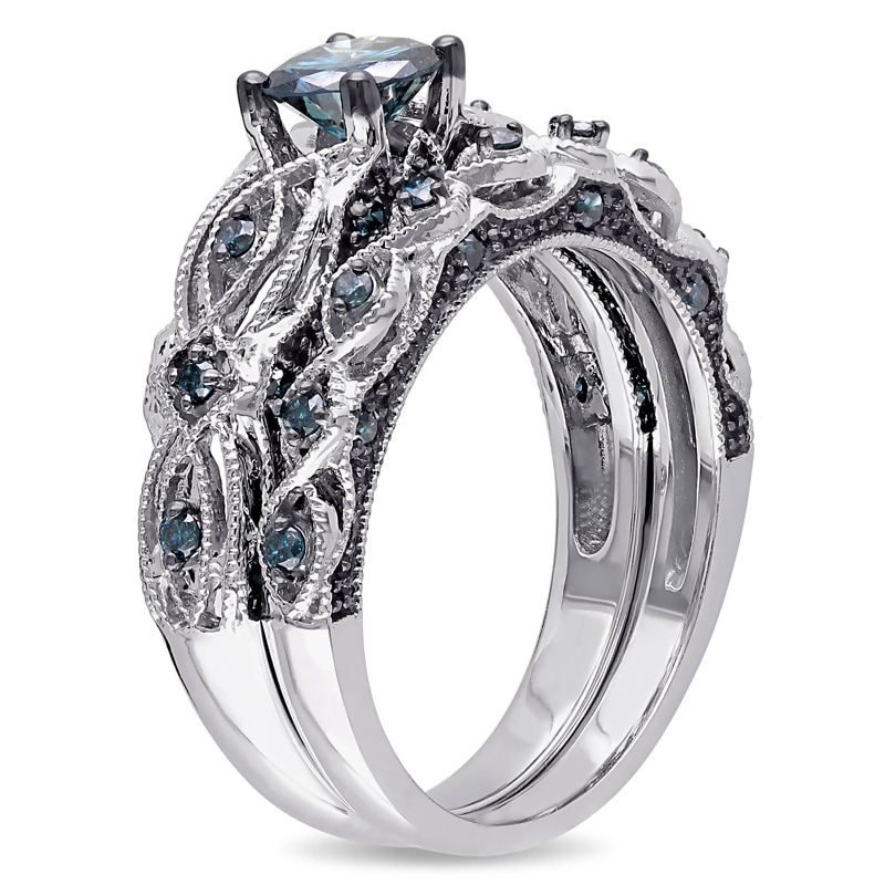 Main Image 2 of 0.99 CT. T.W. Enhanced Blue Diamond Vintage-Style Bridal Set in 10K White Gold