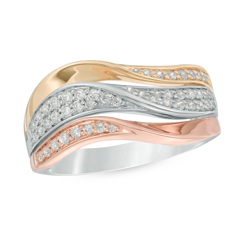 0.38 CT. T.W. Diamond Three Row Slant Band in 10K Tri-Tone Gold