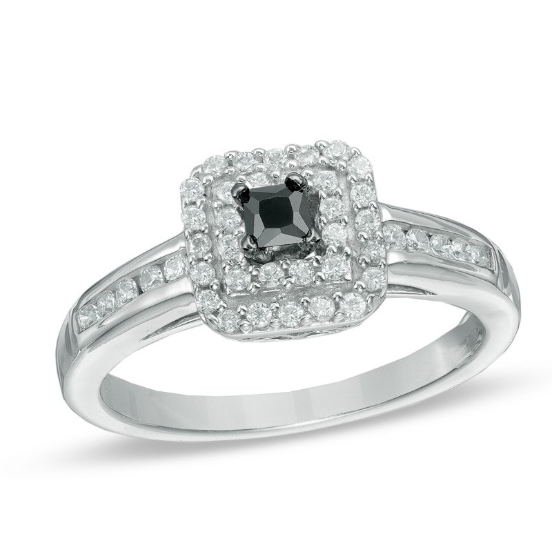 0.50 CT. T.W. Enhanced Black and White Diamond Double Square Frame Engagement Ring in Sterling Silver|Peoples Jewellers