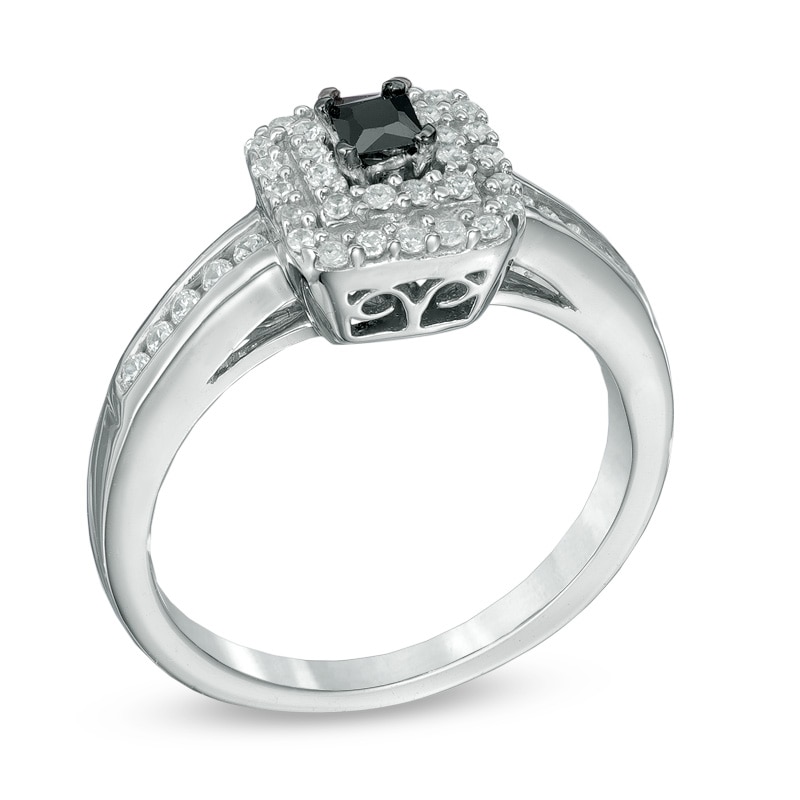 0.50 CT. T.W. Enhanced Black and White Diamond Double Square Frame Engagement Ring in Sterling Silver