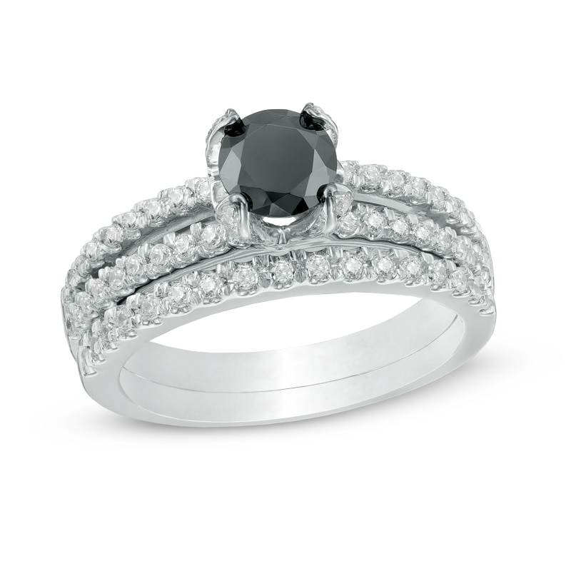 Main Image 1 of 1.25 CT. T.W. Enhanced Black and White Diamond Split Shank Bridal Set in 10K White Gold