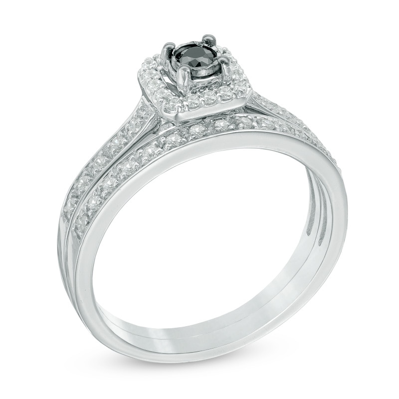 Main Image 2 of 0.33 CT. T.W. Enhanced Black and White Diamond Square Frame Bridal Set in Sterling Silver