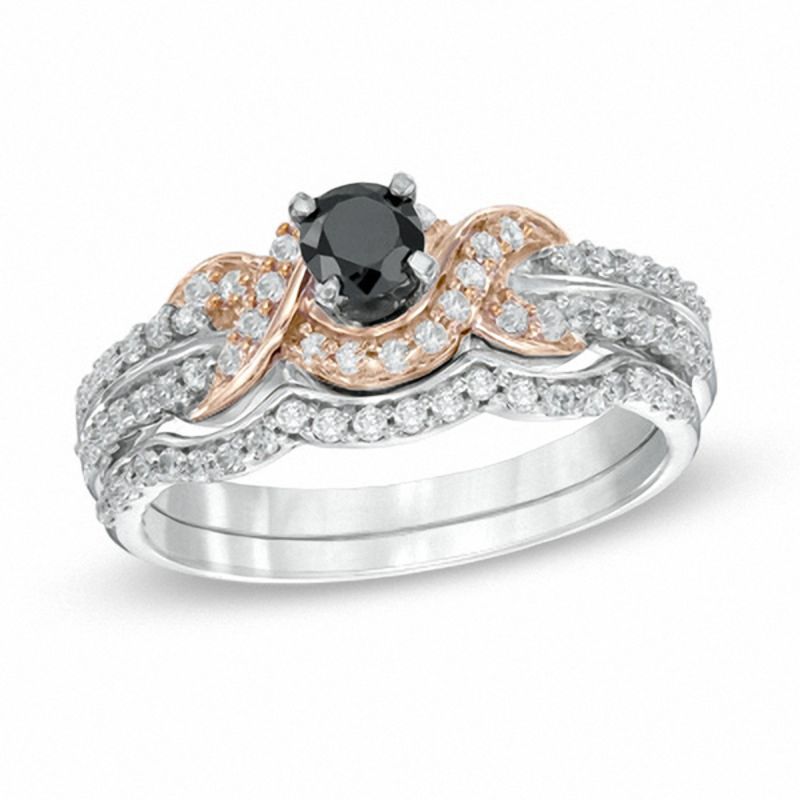 0.63 CT. T.W. Enhanced Black and White Diamond Braid Bridal Set in Sterling Silver and 10K Rose Gold