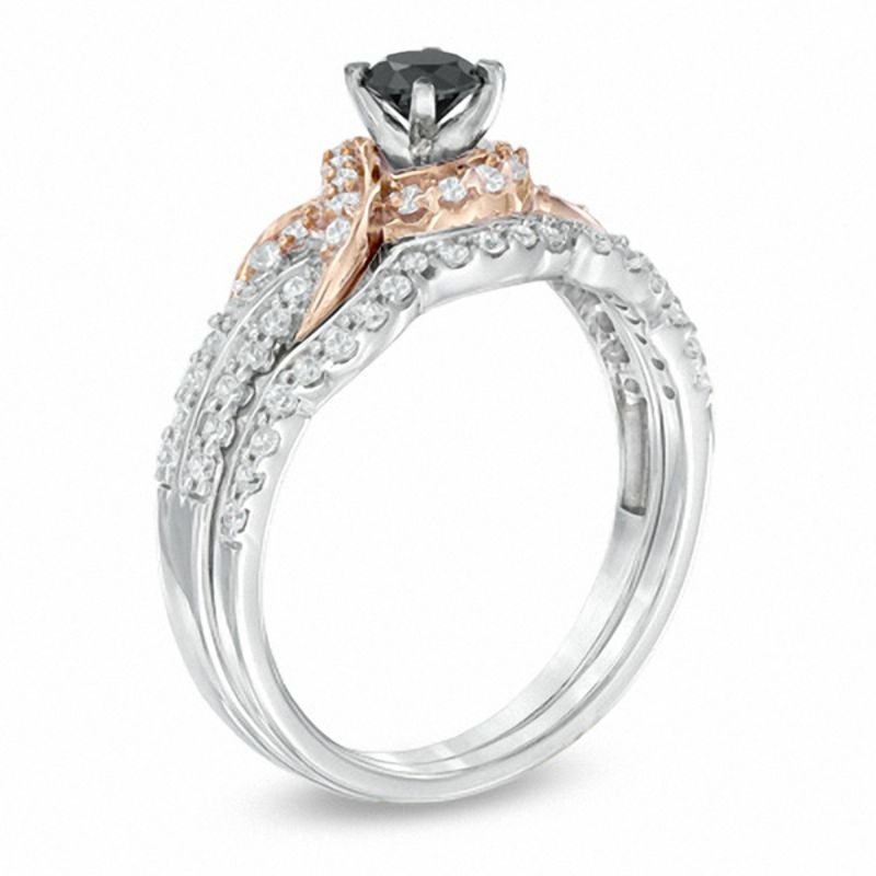 Main Image 2 of 0.63 CT. T.W. Enhanced Black and White Diamond Braid Bridal Set in Sterling Silver and 10K Rose Gold